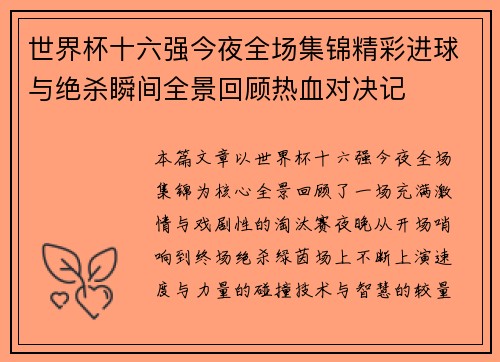 世界杯十六强今夜全场集锦精彩进球与绝杀瞬间全景回顾热血对决记